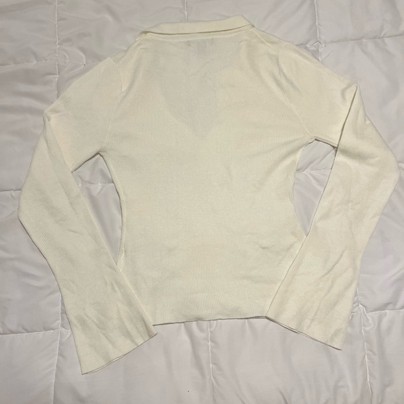 J. Crew Off-White Ribbed Collared V-Neck Long Sleeve Top - Picture 2 of 2